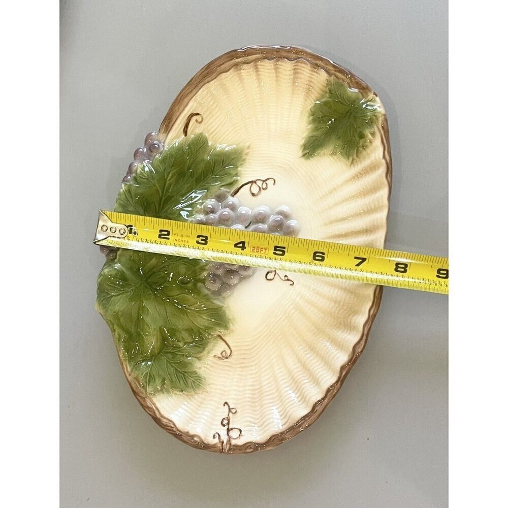 Majolica Platter Grapes 10.5x7.5” Leaves Plate Dish Oval Clamshell Pottery - Picture 5 of 6